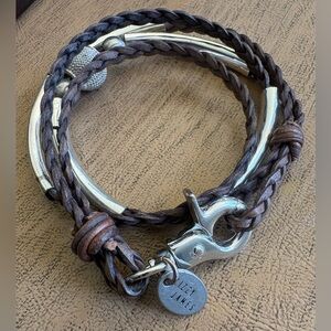 Lizzy James Brown Braided Leather Wrap Bracelet with Silver Tubes
